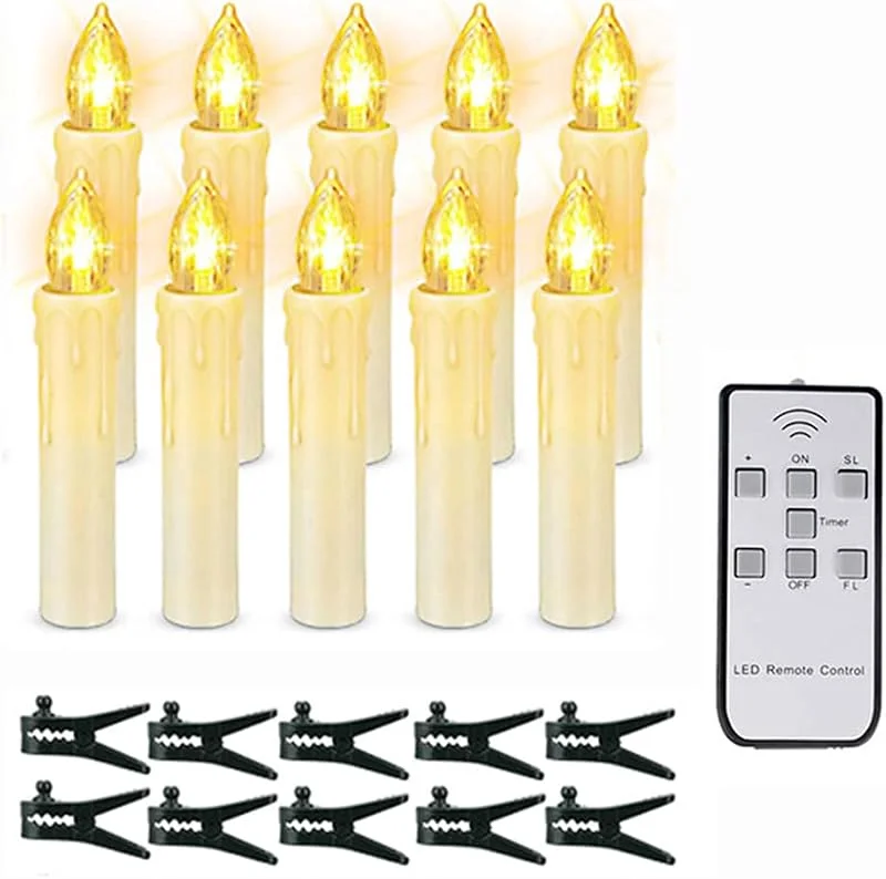 Marke: Cymwer 10 Stück Mini-dimmbares elektrisches künstliches Wachslicht mit Clips, flackernde Fensterkerzen for Weihnachtsbaumdekoration, 7-Tasten-Fernbedienung und Timer for Stabkerzenhalter, Kra — Weihnachtsbeleuchtung