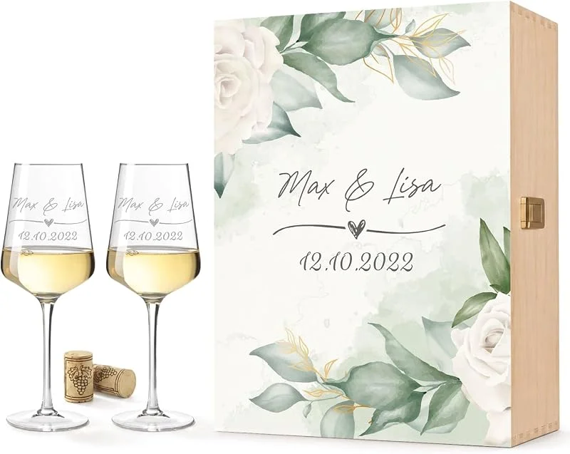 Besuche den GRAVURZEILE-Store GRAVURZEILE Weißweingläser mit Gravur - Wedding Love - inkl. Holzkiste — Wein und Festtafel