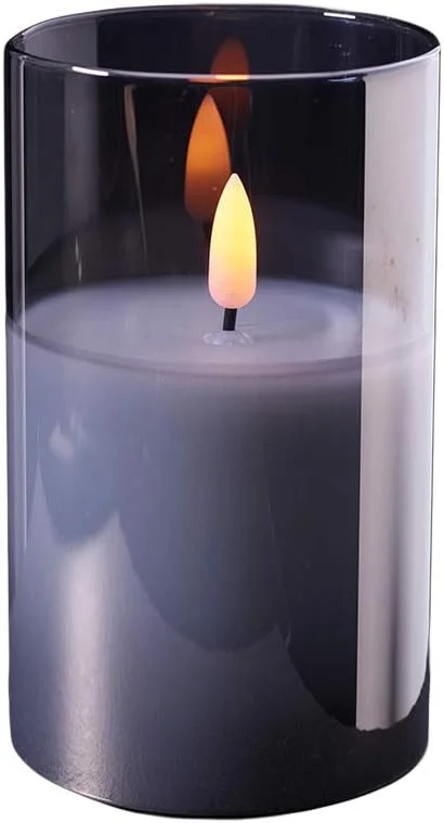 Marke: Klocke Dekorationsbedarf Hochwertige & Edle LED Kerze im Glas - Timer - Realistisch Flackernd - Neuartiges Design (Grau, Höhe: 12, 5cm - Ø 7, 5cm) — Kerzenlicht Abendessen