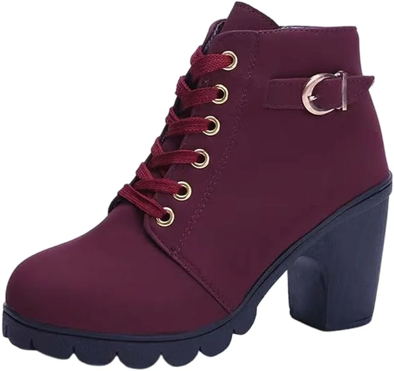 Marke: Generic Damen-Stiefel, modisch, Retro, kurze Stiefel, Schnürung, hohe Absätze, rutschfest, rund, schick, elegant, bequem, Herbst und Winter — Heizkleidung