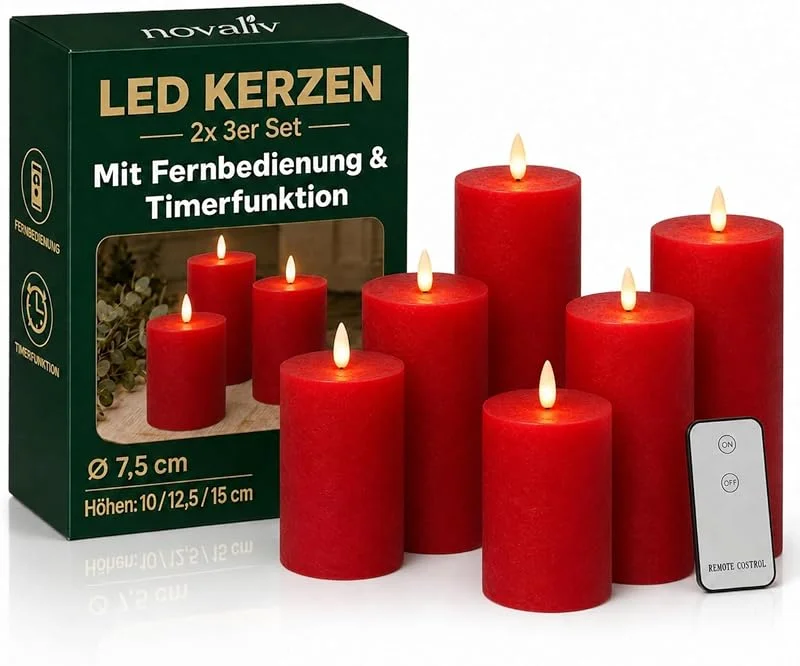 Besuche den Novaliv-Store 6er Set Led Kerzen 7, 5cm ø Kerze flackernde Flamme mit Fernbedingung ROT 15 cm + 12, 5 cm + 10 cm Höhe, LED Kerzen mit Timerfunktion, 3 AAA Batterien nötig, LED Echtwachs Stumpenkerzen warmweiß — Advent und Tisch