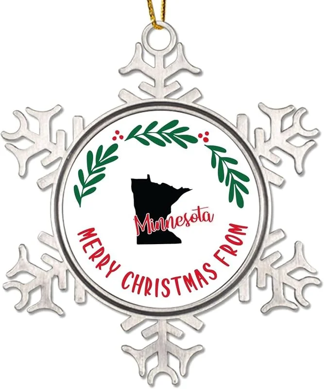 Marke: CowkissSign Merry Christmas From Minnesota Ornament für Weihnachtsbaum American State USA States Schneeflocke Metall Weihnachtsbaum Hängender Anhänger Minnesota Weihnachtskranz Weihnachten Party Supplies — Weihnachtsdeko