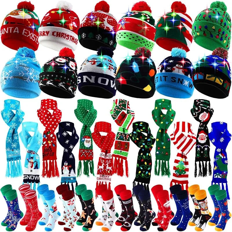 Marke: Liitrsh Liitrsh 36-teiliges LED-Weihnachtsmützen-Set, 12 weihnachtliche Mützen, 12 Weihnachtsschals, 12 Paar Weihnachtsstrümpfe, Unisex, bunt, blinkend, Urlaubsdekoration für Männer und Frauen — Weihnachtsdeko