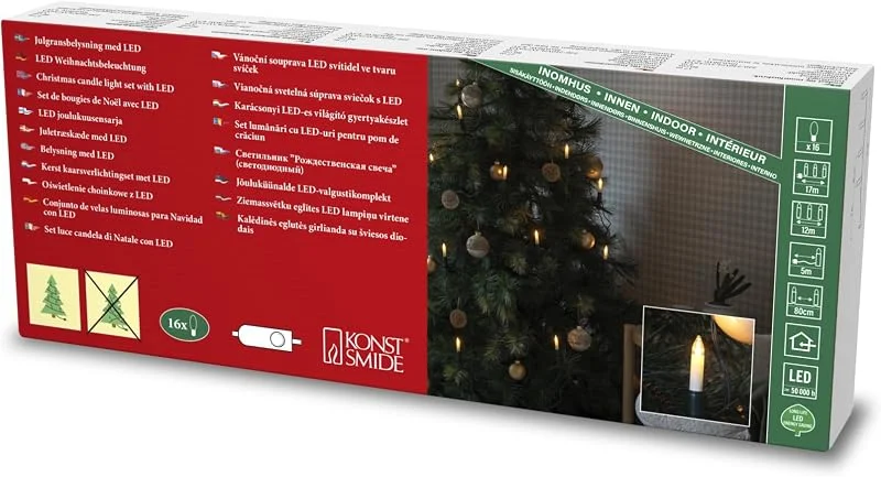 Besuche den Konstsmide-Store Konstsmide LED Baumkette, Schaftkerzen, One String, 16 bernsteinfarbene Dioden, 4, 5V, Innen, 3, 6W, grünes Kabel - 1108-020 — Weihnachtsbeleuchtung