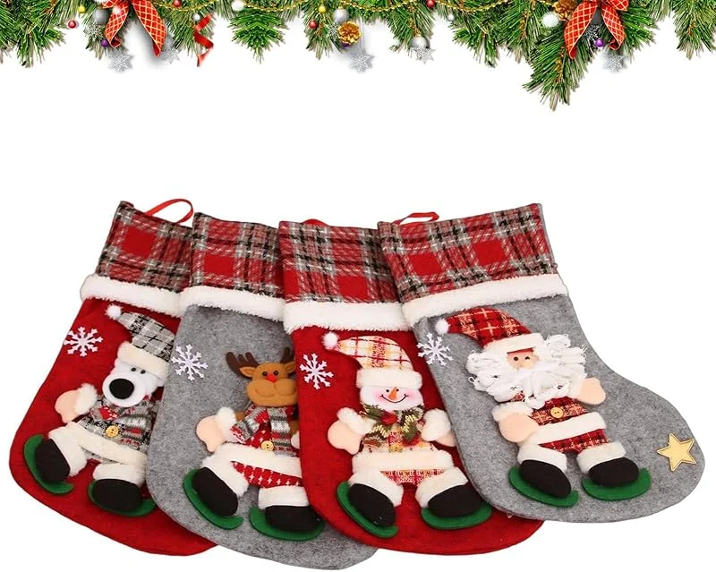Marke: Générique __PLACEHOLDER_BRAND_0__ Weihnachtsstrümpfe, 3D-Dekorationen Schneemann und Rentier für zu Hause, 4-teiliges Weihnachtsstrumpf-Set mit Hirschmotiv – für Süßigkeiten, Schokolade, Leckereien und — Weihnachtsdeko