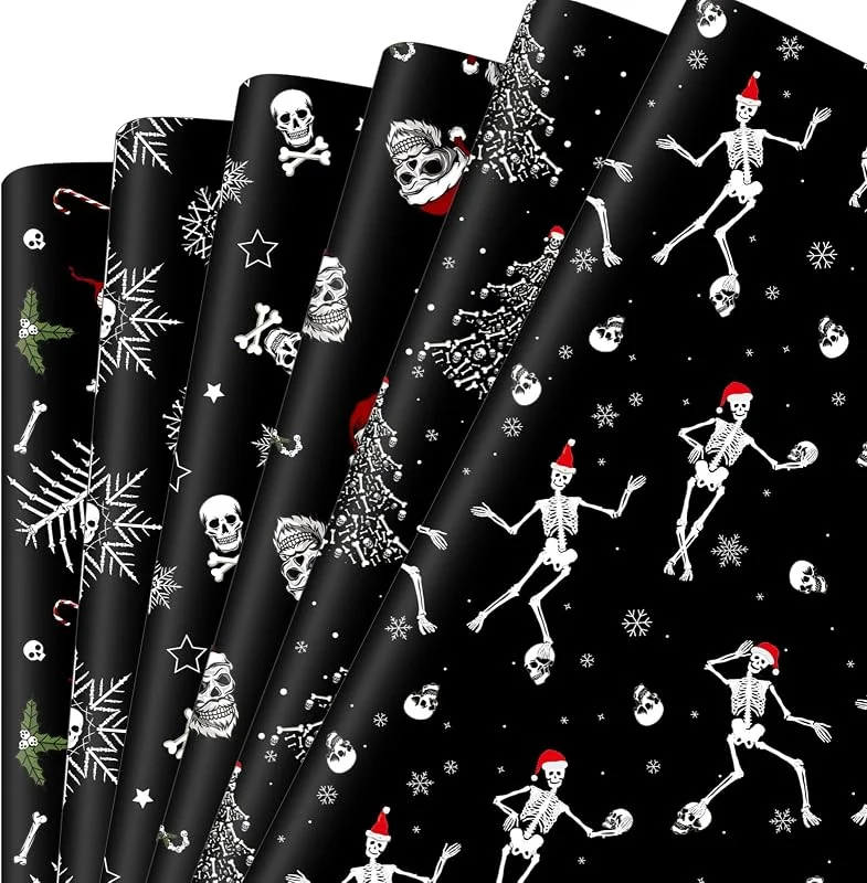 Marke: Watersay Watersay Geschenkpapier mit Skelett-Totenkopf-Motiv, Geschenkpapier für Weihnachten, Geschenk, Kunst, Handwerk, 12 Stück — Geschenkverpackung