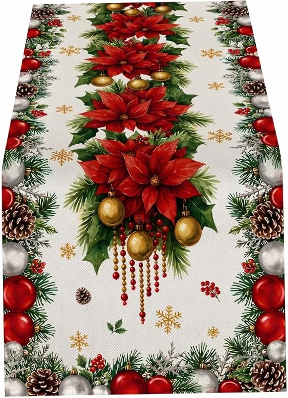 Marke: Faticenic Weihnachts-Tischläufer, 182, 9 cm lang, Weihnachts-Tischläufer, Weihnachtssterne, Blätter, Glocken, Schneeflocken, für Weihnachtsfeier, Esszimmerdekoration — Küche & Haushalt