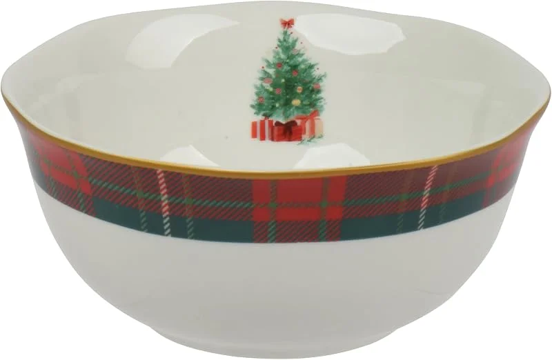 Marke: Decoris Decoris Müslischale 14cm Porzellan mit Weihnachtsbaum & Karomuster Weiß — Weihnachtsmode