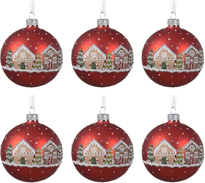 Marke: Kaemingk Kaemingk Weihnachtskugeln Weihnachtsmotive Glas 8cm x 6 Stück Handbemalt Christbaumkugeln Lebkuchenhaus Rot — Weihnachtsdeko