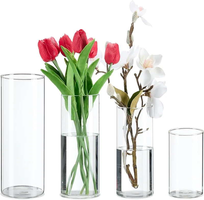 Besuche den Relaxdays-Store Relaxdays Vasen aus Glas, 4 Blumenvasen in versch. Größen, Glasvasen für Blumen & Kerzen, Tischvasen Set, transparent — Kerzenlicht Abendessen