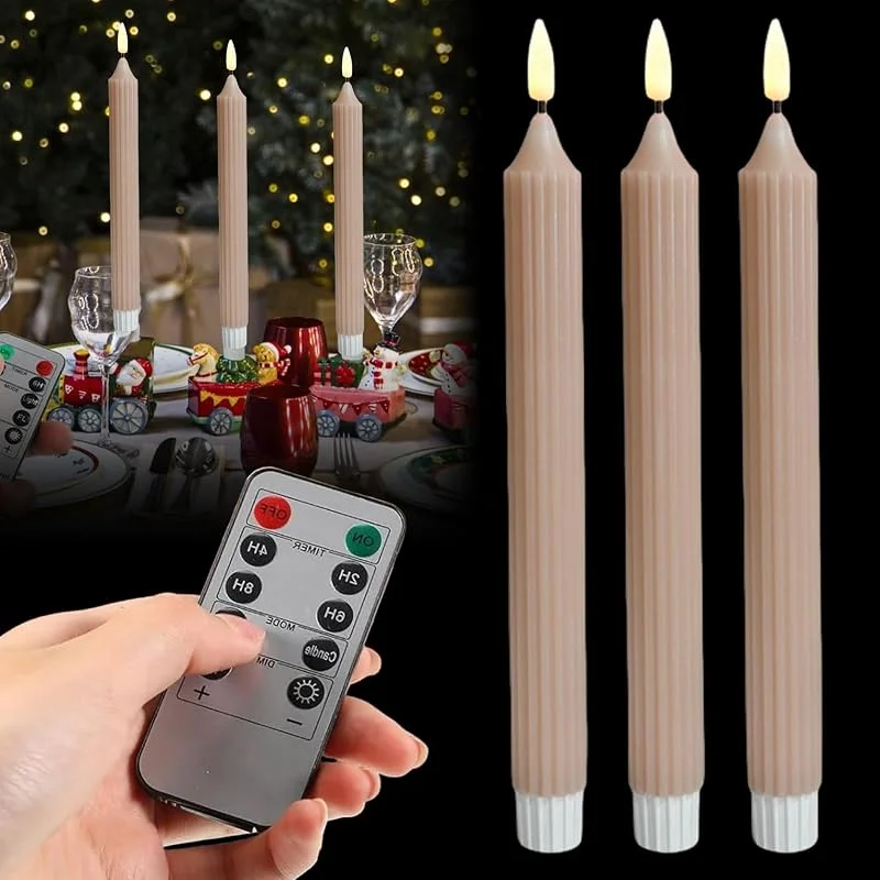 Marke: LEKEFETO 3er Set LED Kerzen mit flackernder Flamme, Elektrische Stabkerzen aus Echtwachs, Fernbedienung und Timerfunktion, Batteriebetriebene Zierkerzen für Romantik Abendessen Dekoration — Kerzenlicht Abendessen