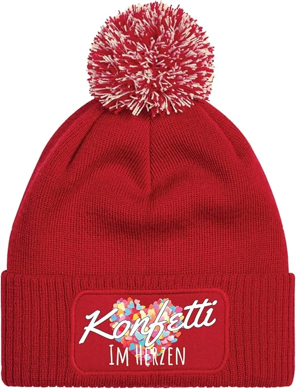 Besuche den NIMAMA-Store Konfetti im Herzen Bommel Beanie Mütze für Damen & Herren - Wintermütze für Fasching, Karneval & JGA - Lustiger Spruch Strickmütze - Wollmütze als Geschenk für Männer und Frauen — Weihnachtsmode