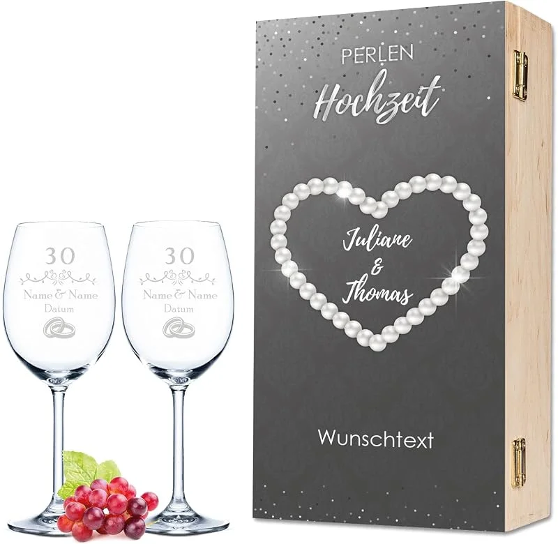 Besuche den GRAVURZEILE-Store GRAVURZEILE Rotweingläser mit Gravur - Perlenhochzeit - inkl. Holzkiste — Wein und Festtafel