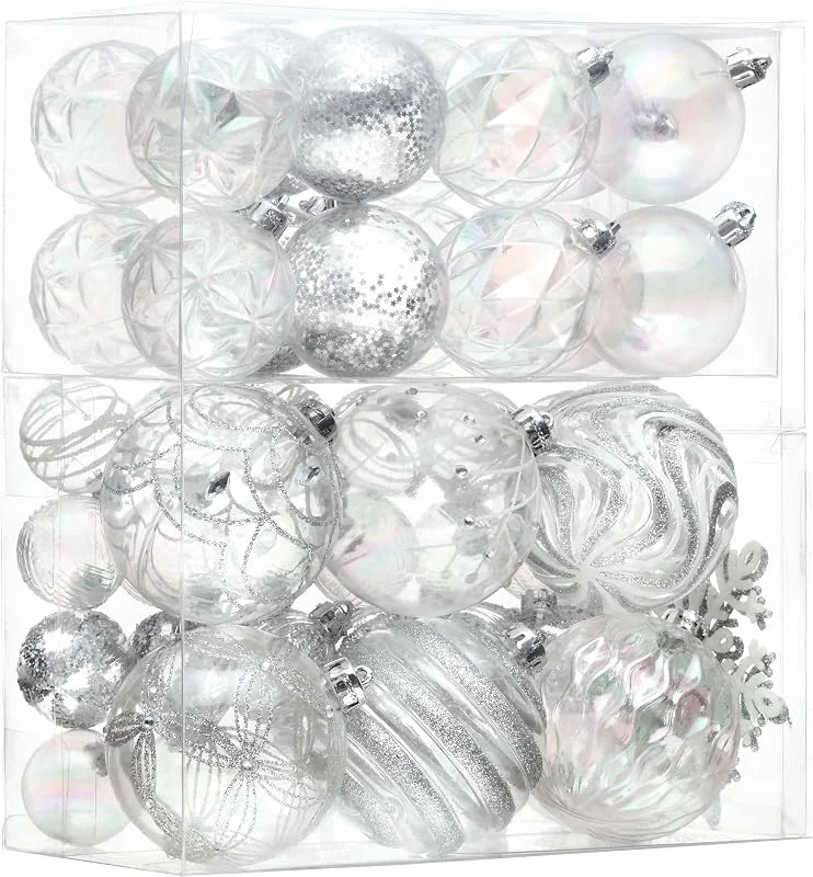 Besuche den Valery Madelyn-Store Valery Madelyn Weihnachtskugel-Ornamente für Valentinstag, 50 Karat weiß und Silber, bruchsicher, Weihnachtsbaumschmuck-Set, transparent, hängende Ornamente für Weihnachten, Großpackung — Weihnachtsdeko