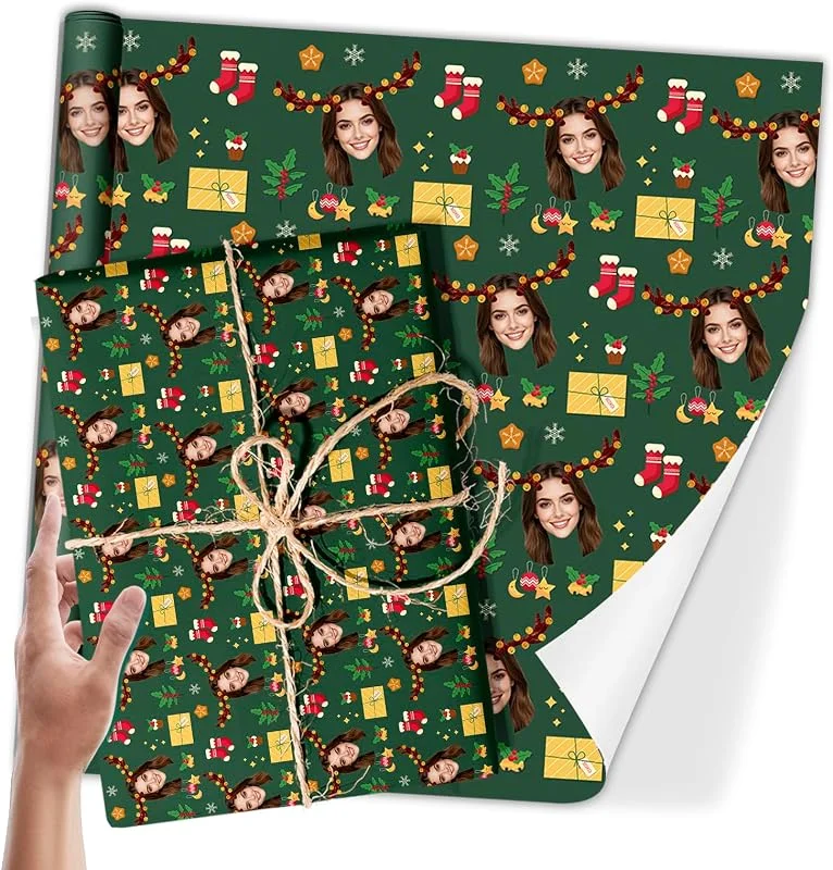 Marke: Naispanda Personalisierte Weihnacht Geschenkpapier Rolle - Individuell mit Foto, Text, Logo für Weihnachten, Geburtstag, Baby Shower, Valentinstag, Muttertag & Vatertag 2 Rolls, 74x51cm — Geschenkverpackung