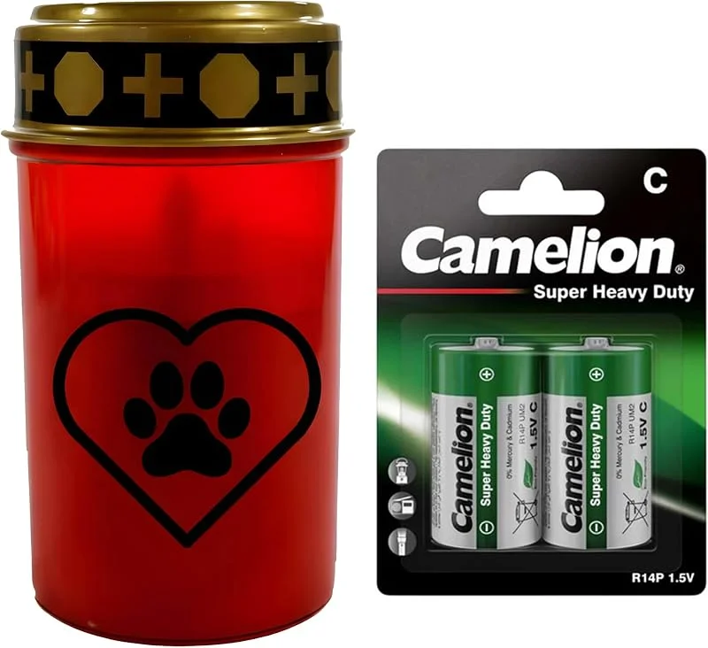 Besuche den Fachhandel Plus-Store LED Grablicht Hund mit Batterien – Grabkerze LED, wetterfeste Grableuchte Ewiges Licht mit Hundemotiv, warm flackerndes Gedenklicht für Tiergrab & Gedenkstätte (Rot, Herzpfote) — Kerzenlicht Abendessen