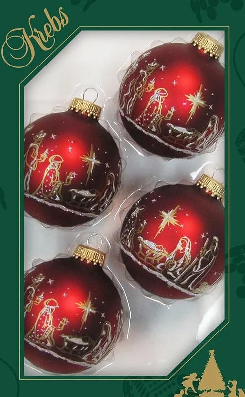 Besuche den Dekohelden24-Store Dekohelden24 - Lauschaer Christbaumschmuck 4er Set Kugeln rot matt mit Dekor Heilige Familie - 50 Schnellaufhänger gratis — Weihnachtsdeko