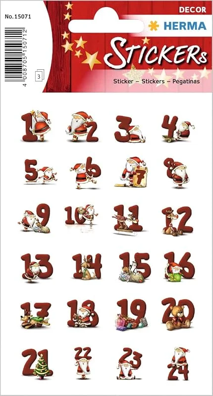 Besuche den HERMA-Store HERMA 15071 Aufkleber Zahlen 1-24 klein groß, 72 Stück, Weihnachten Sticker mit Weihnachtsmann Nikolaus Motiv, Nummer Ziffer Klebezahlen Etiketten für Weihnachtsdeko Adventskalender Deko DIY Basteln — Geschenkverpackung