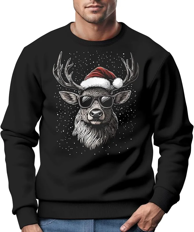 Besuche den MoonWorks-Store MoonWorks® Sweatshirt Herren Weihnachtspullover Rentier Hirsch mit Weihnachtsmütze Schriftzug Merry Christmas Xmas — Weihnachtsmode