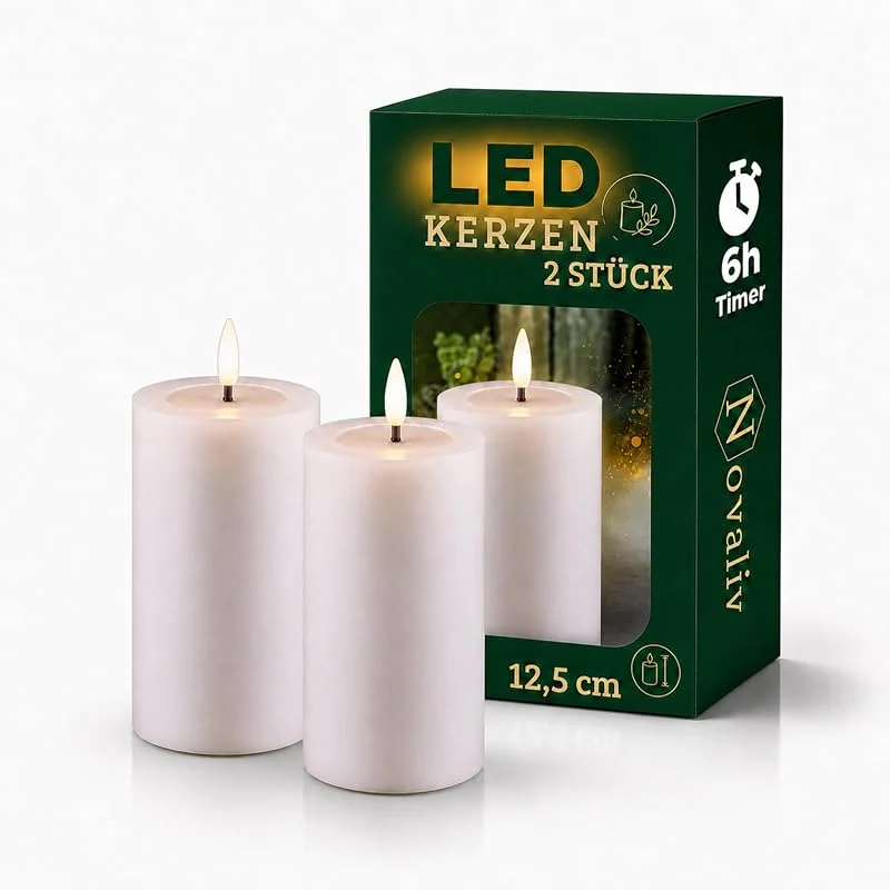 Besuche den Novaliv-Store Novaliv 2er Set LED Stumpenkerzen mittel weiß Echtwachskerze mit beweglicher Flamme flackernd - Timerfunktion für 6 Stunden Warmweißes Licht 7, 5cm ø 12, 5cm Höhe - 2 AA Batterien nötig Echtwachspiegel — Advent und Tisch