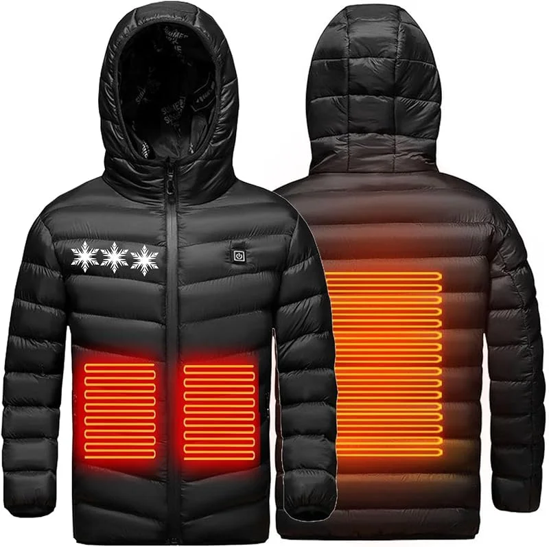 Marke: WOXIHUAN Beheizte Jacke Kinder Sale, USB Elektrische Heizjacke Beheizbare Jacke mit Kapuze Warme Pufferjacke mit 3 Heizstufen Beheizbare Weste Wasserdicht Winddicht Beheizbarer Hoodie für Schule Skifahren — Heizkleidung
