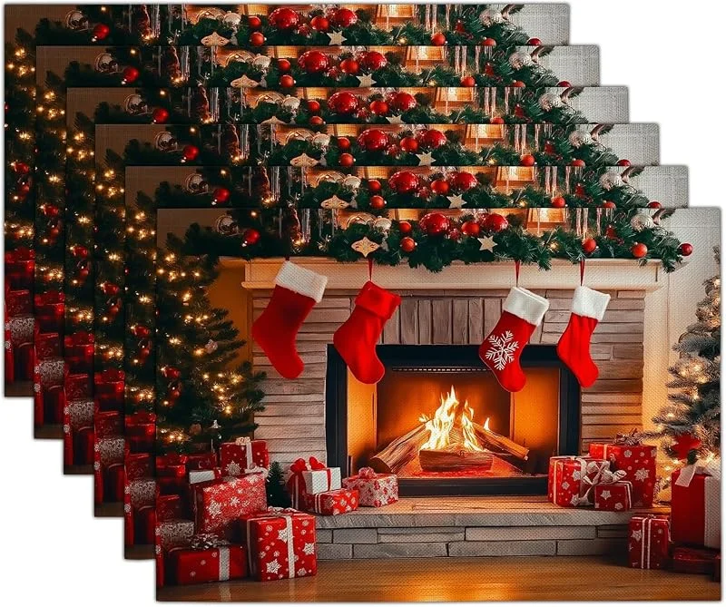Marke: GDJSMIN 4er Set Platzset Weihnachten Tischset Rot Weihnachten Leinen Platzdeckchen 30x45cm Weihnachtsstimmung Tischsets mit Weihnachtskamin-Weihnachtsstrumpf-Elemente Weihnachtsdeko — Küche & Haushalt