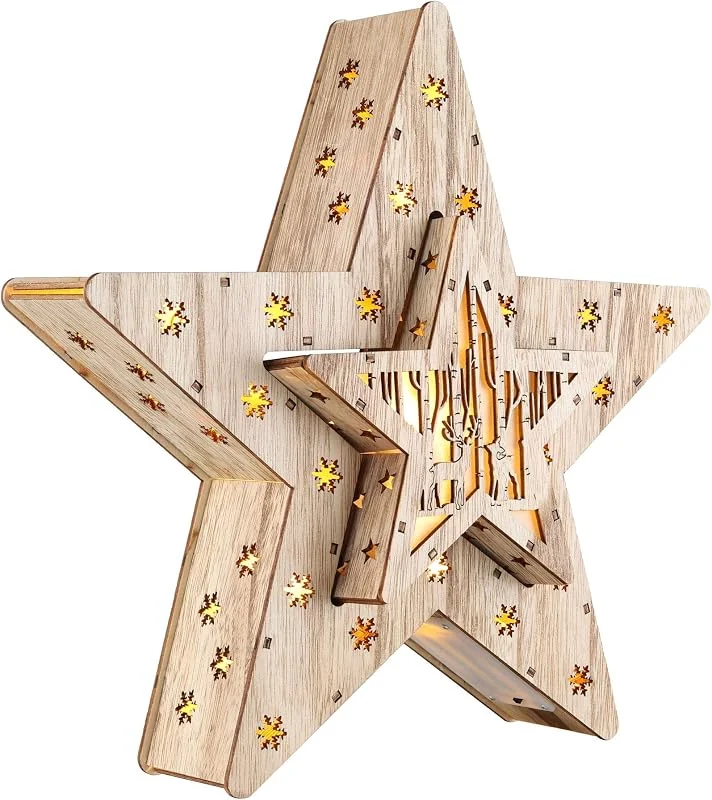 Besuche den Spetebo-Store Spetebo LED Deko Holz Stern im 2er Set mit 16 LED - 33, 5 x 33, 5 x 6 cm - Weihnachtsstern beleuchtet Tischdeko Fensterdeko — Weihnachtsdeko