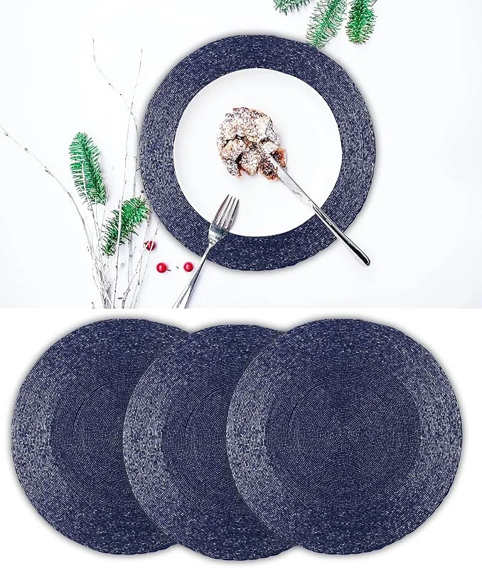 Marke: Homebia Designs Handgefertigte runde Tischsets mit Perlen im Bauernhaus-Design, für Esstisch, 4 Stück, Platzdeckchen – eine schöne Ergänzung für Ihre Esstischdekoration – Marineblau, 33 cm — Küche & Haushalt