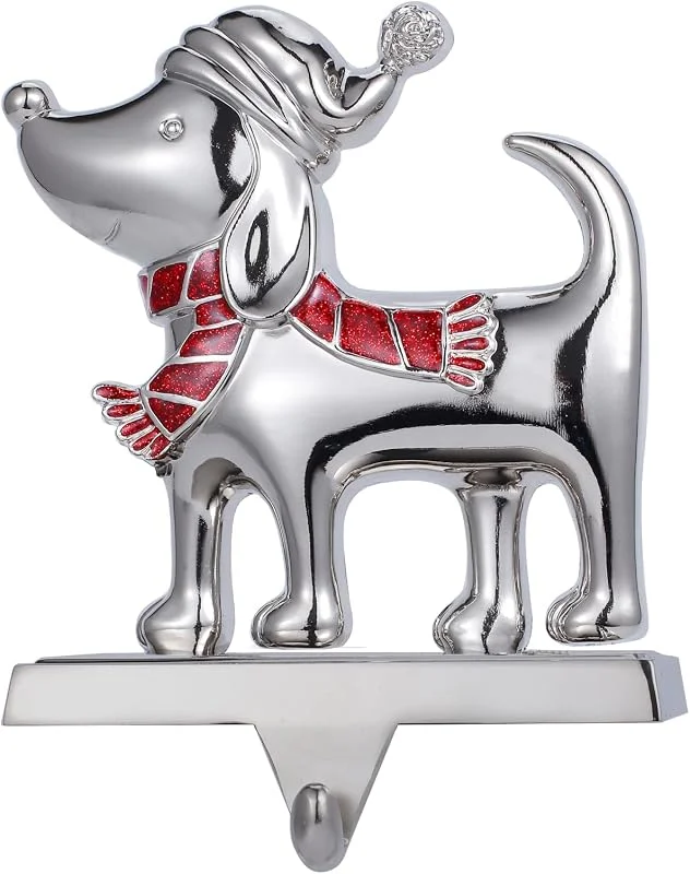 Marke: Yuokwer Silberner niedlicher Weihnachtsstrumpfhalter für Kaminsims, Weihnachtsstrumpf-Kleiderbügel für Kamin, Tierstrumpfhalter, Hunde-Weihnachtsstrumpf-Haken für Kamin, Metall, Weihnachtsstrumpf-Clips (Hund) — Weihnachtsdeko