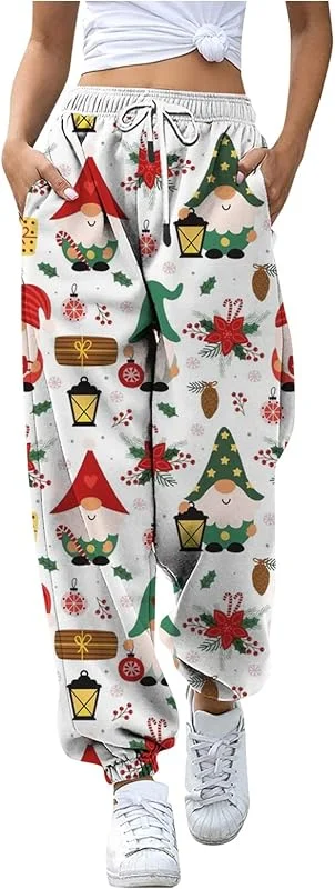 Marke: Générique Damenhose, breit, Weihnachtsmotiv, Sport-Leggings, Damen, Weihnachten, bedruckt, breite Hose, lässig, große Größe, Hose mit Kordelzug, 16 - Weiß, Large — Weihnachtsmode