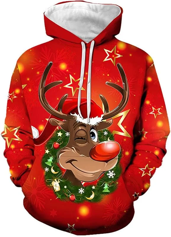 Marke: Generisch Weihnachtspullover Herren Hoodie Pullover Reindeer Schneemann 3D Druck Lustige Funky Weihnachtspulli Casual Unisex Christmas Kapuzenpullover Sweatshirt mit Tasche Weihnachtshoody — Weihnachtsmode