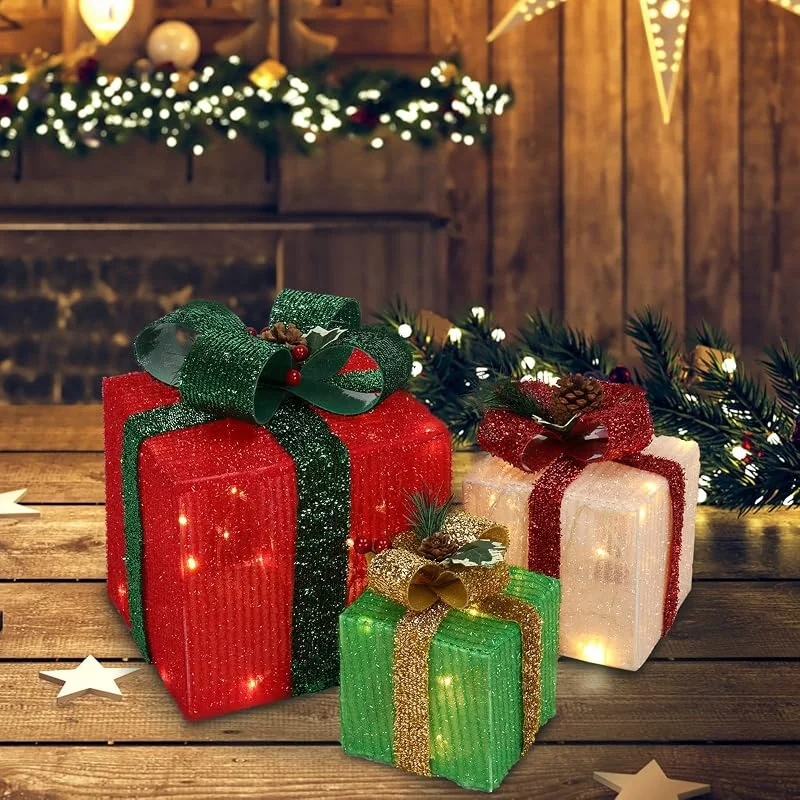 Besuche den LEADZM-Store LEADZM Weihnachtsdeko Geschenke - LED geschenkbox Weihnachten-warm weiß beleuchtet - Batterie betrieben - für Christbaumschmuck, 3er Set — Geschenkverpackung