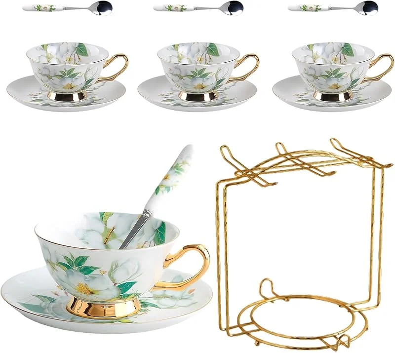 Marke: HSTWODE 8 Stück Europäischen Blumen Tee Set, Bone China Tee Set Service Kaffee Set, 9 Optionen.Mit Geschenkbox, für hochwertige Geschenke und Haushalt, Hochzeit. (Kamelie Muster) — Geschenkverpackung