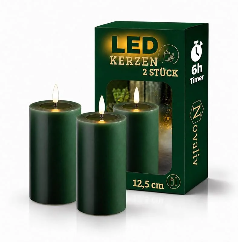 Besuche den Novaliv-Store Novaliv 2er Set LED Stumpenkerzen mittel grün Echtwachskerze mit beweglicher Flamme flackernd - Timerfunktion für 6 Stunden warmweißes Licht 7, 5cm ø 12, 5cm Höhe - 2 AA Batterien nötig Echtwachspiegel — Advent und Tisch