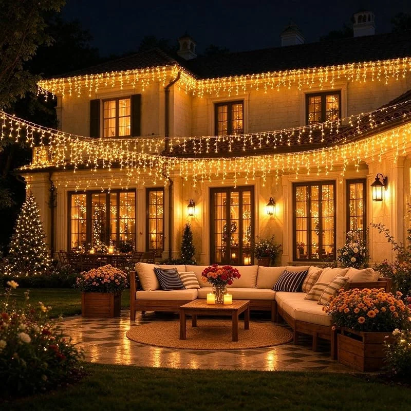 Besuche den UISEBRT-Store LED Eiszapfen Lichterkette mit 8 Modi & Speicher, IP44, 15m 600LEDs, Warmweiß — Weihnachtsbeleuchtung