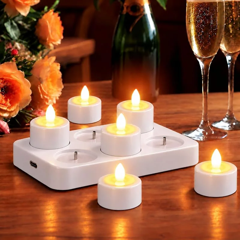 Besuche den EXTSUD-Store EXTSUD 6 Stück Led Teelichter LED Flammenlose Kerzen mit Ladestation Wiederaufladbare Kerze Flamme Flackern Kerzenlicht Elektrische Teelichter Jugendweihe Windlicht Tischlicht Wohnzimmer Deko — Kerzenlicht Abendessen