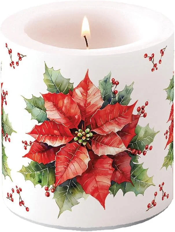 Besuche den Ambiente-Store Ambiente Stumpenkerze Paraffin 7, 5x9cm mit Weihnachtsstern Motiv Weiß Rot — Advent und Tisch