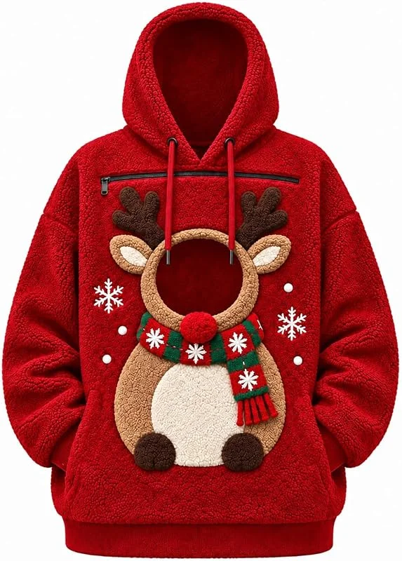 Marke: Yowablo Damen Teddy Fleece Hoodie Rot Rentier Weihnachts-Pullover — Weihnachtsmode