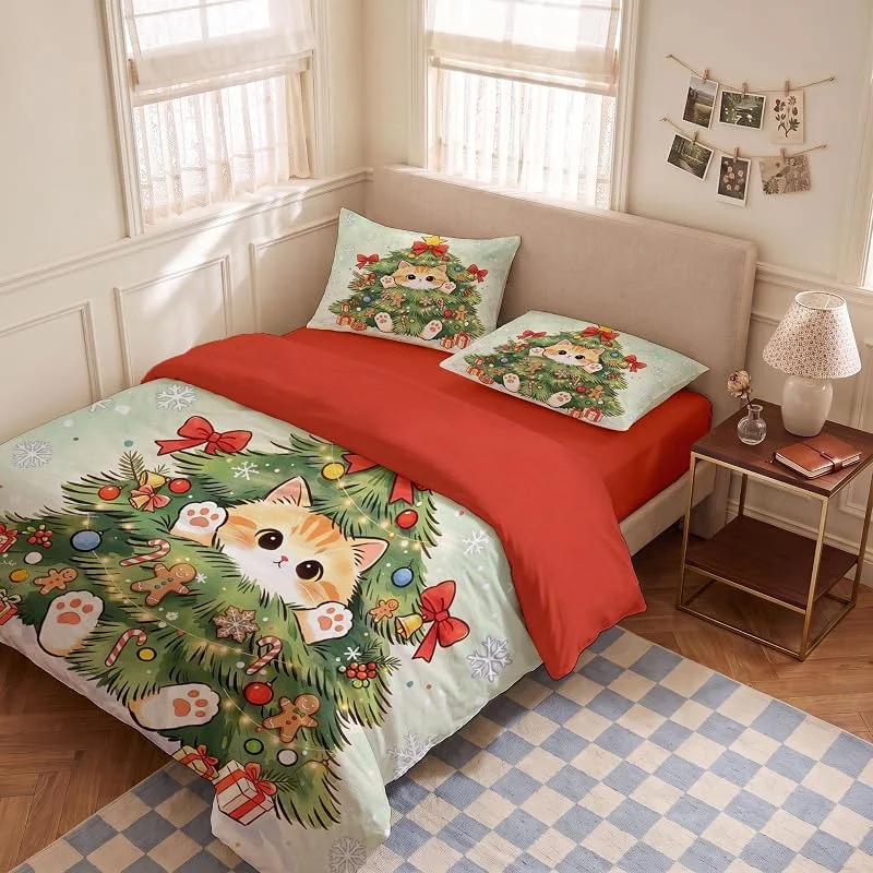 Marke: WunM Studio Bettwäsche 200x200cm Weihnachtliche Winterlandschaft mit Schnee Mädchen 2teilig Wendebettwäsche Set, Geschenkbox mit Rentierschlitten Bettbezug Weich Mikrofaser mit Kissenbezug 80x80cm — Geschenkverpackung