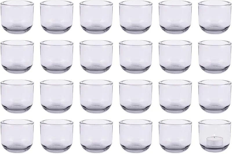 Besuche den pajoma-Store pajoma® Teelichthalter 24er Set aus Grauglas - H 6.5 Ø 7.2 cm, Kerzengläser für Teelichter, Geburtstag, Urlaub, Party, Dekoration — Kerzenlicht Abendessen