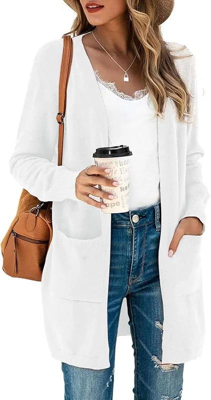 Besuche den Saodimallsu-Store Saodimallsu Strickjacke Damen Lang Leicht Cardigan Langarm Open Front Strickpullover Einfarbig Freizeit Strickmantel Outerwear mit Tasche — Weihnachtsmode