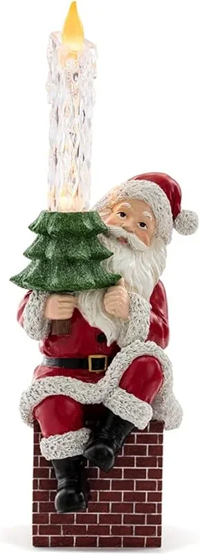 Marke: Napco Imports Napco Charmanter beleuchteter Weihnachtsmann auf Schornstein mit Weihnachtsbaum und LED-Kerze, 27 cm hoch, Kunstharz, festliche Tischdekoration — Weihnachtsbeleuchtung