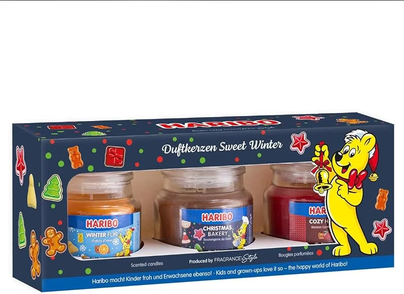 Marke: HARIBO Haribo Duftkerzen Geschenkset, Sweet Winter, 3x Duftkerzen Weihnachten, Geschenke für Frauen, Kerzenset für Zuhause, 3x85g Duftkerzen im Glas — Kerzenlicht Abendessen