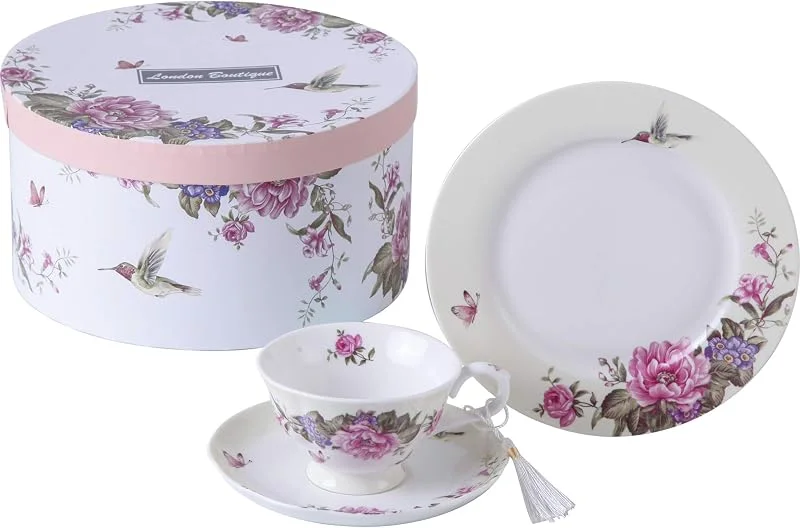 Besuche den London Boutique-Store Kaffeetasse und Untertasse, 19, 1 cm, Dessertteller, Shabby Chic, Vintage, Porzellan, Vogel, Schmetterling, Blumen, Geschenkbox (creme, beige) — Geschenkverpackung