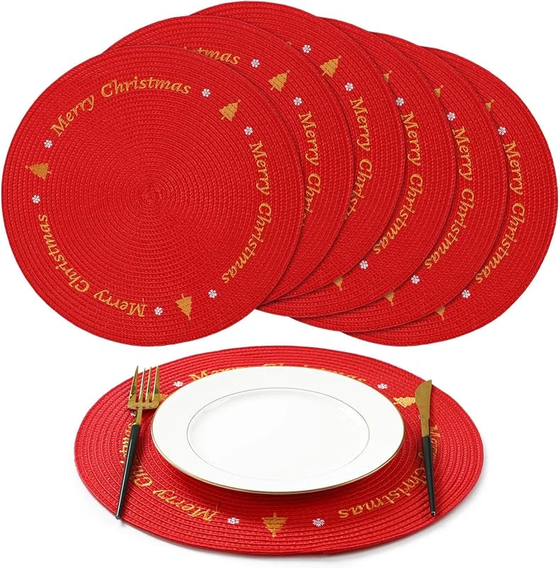 Marke: Tioncy Tioncy 6 Stück Runde Weihnachts-Tischsets Schneeflocke Rot 34 cm PP Winter Runde Platzset Weihnachten Tischmatte Waschbar Tischsets für Urlaub Küche Esstisch Dekorationen (Merry Christmas) — Advent und Tisch