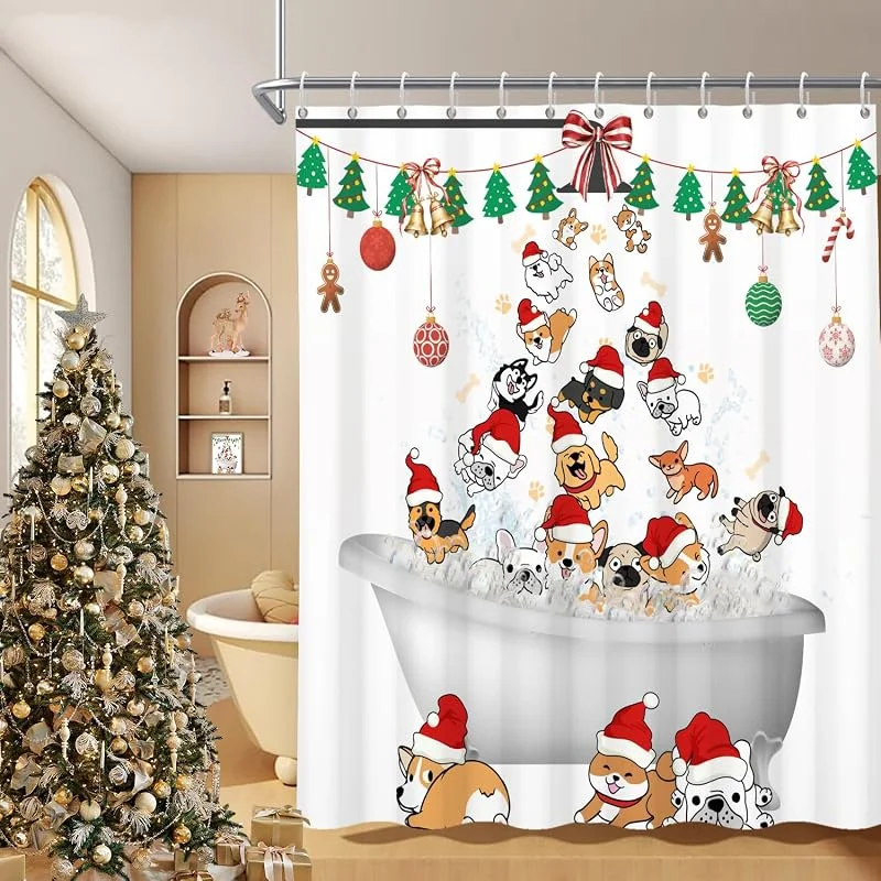 Marke: Caaerttply Duschvorhang mit niedlichem Regenmotiv, 72 x 72 cm, lustige Weihnachtsmannmütze, Hund, Welpe, Cartoon, Tiere, Pfotenmuster, Stoff, Kinderduschvorhang-Set mit Haken für Badezimmer, Dekoration — Weihnachtsdeko