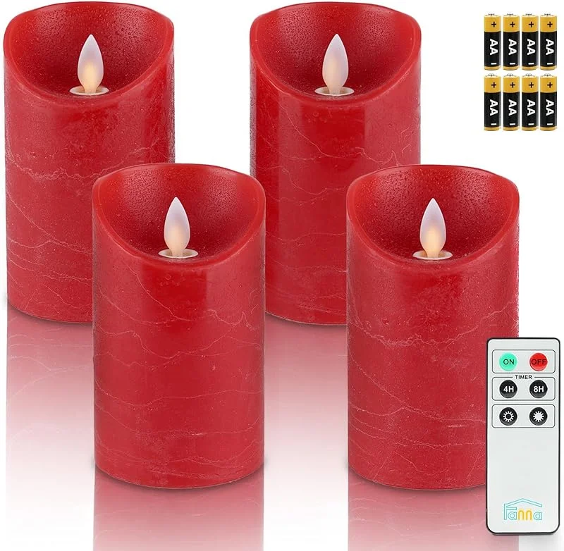 Besuche den Fanna-Store Fanna 4 Rot LED Wachskerzen Flackernde Flamme Rustik-Design für Weihnachten und Advent, Flammenlose Adventskranz LED Kerzen mit Timer, Fernbedienung und Batterien enthalten - H 12, 5cm — Kerzenlicht Abendessen