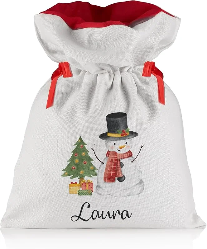 Besuche den LIEBTASTISCH-Store Liebtastisch - Weihnachtsbeutel mit Personalisiert - Weihnachtssack - Geschenk Sack - mit Ziehkordel und Wunschnamen - Extra Groß 52cm x 38cm - Weihnachtsdeko (Schneemann) — Geschenkverpackung