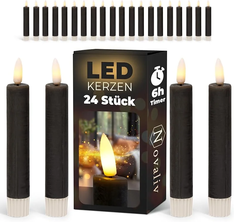 Besuche den Novaliv-Store LED Stabkerzen 24 Stück ECHTWACHS SCHWARZ mit Timer Funktion 6 Stunden 15cm Höhe für Kerzen 2, 2cm Durchmesser 2 AAA Batterien notwendig LED Stabkerzen 4er Set SCHWARZ (sechs Mal) bewegliche Flamme — Advent und Tisch