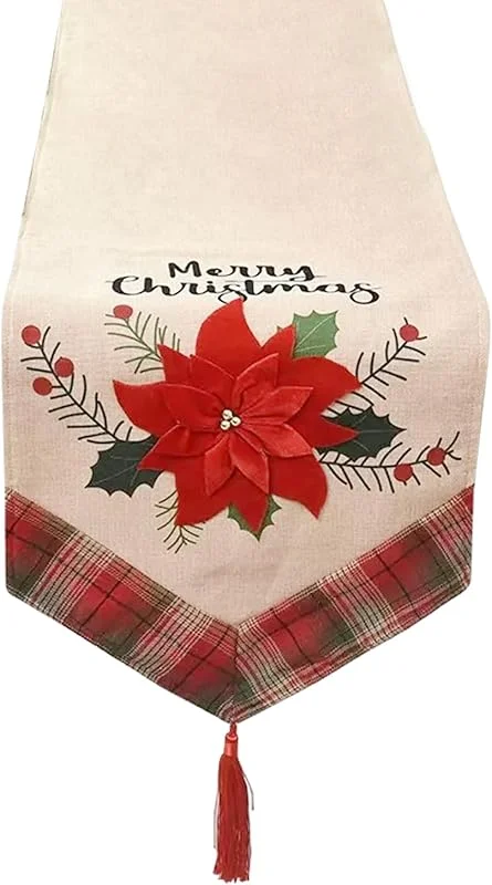 Besuche den Trimming Shop-Store Trimming Shop Weihnachtlicher Tischläufer, Weihnachtsstern-Blume, Bedruckt mit Quaste, rutschfest, festlich, dekorative Tischdecke, Unterlage, Urlaub, Party, Esszimmer, Dekoration, 183 cm x 33 cm — Küche & Haushalt